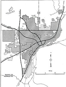 Black and white map from the General Location of National System of Interstate Highways Including All Additional Routes at Urban Areas Designated in September 1955