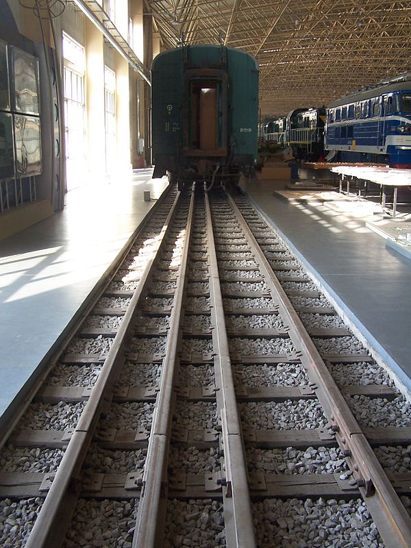 Triple gauge, from left: 1,435 mm (4 ft 8+1⁄2 in), 1,000 mm (3 ft 3+3⁄8 in), and 600 mm (1 ft 11+5⁄8 in), on display at the China Railway Museum in Be