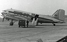 Hunting-Clan Douglas Dakota at Manchester Airport on the Newcastle service in 1954 Douglas C-47B G-AMSK Hunting Clan RWY 29.07.10R edited-2.jpg