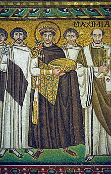 Justinian I, as depicted in mosaic in the Basilica of San Vitale, Ravenna, Italy Emperor Justinian and his retinue. Detail of the mosaic in the Basilica of San Vitale. Ravena, Italy.jpg