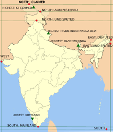 Extreme points of India marked on the map of India Extreme points of India en.svg