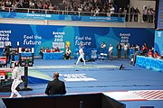 Deutsch: Fechten bei den Olympischen Jugend-Sommerspielen 2018: Tag 1, 7. Oktober 2018, Jungen, Säbel, Viertelfinale - Alonso Santamaría (ESP) - Robert Vidovszky (USA) 13:15 English: Fencing at the 2018 Summer Youth Olympics at 7 October 2018 – Boys' sabre Quarterfinals – Alonso Santamaría (ESP) Vs Robert Vidovszky (USA) 13:15