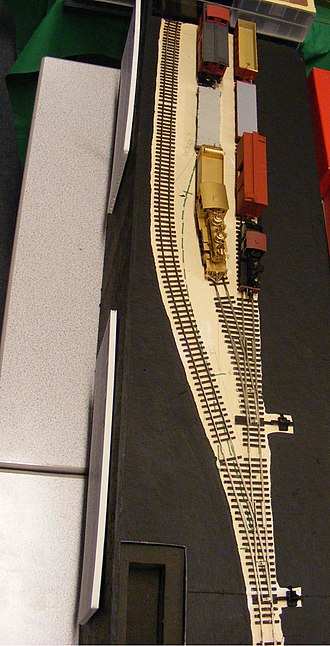 A simple fiddle yard with three sidings. The track at the bottom goes to the scenic section of the layout. Fiddle Yard HOn3.jpg