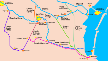 The Brenta Canal (light green line, marked Brenta Nova) between the rivers Brenta and Bacchiglione