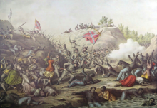 A hand-colored 1892 print titled "The Fort Pillow Massacre" by Chicago-based Kurz and Allison, included in a series of commemorative prints of Civil War battles. It depicts women and children among the victims, though this is not supported by witnesses, who said that women and children had been removed from the fort before the battle. Fort Pillow Massacre, Kurz and Allison, Chicago, 1885.png