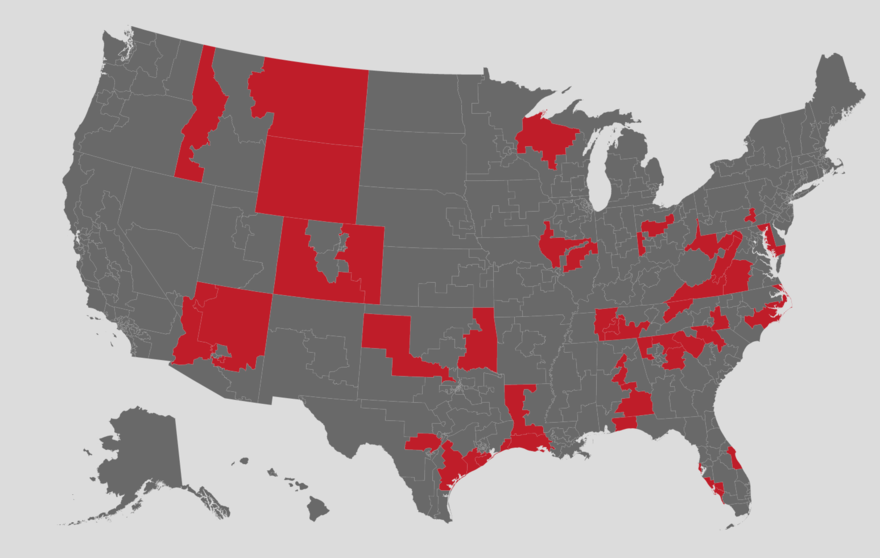 The map indicates the members of the Freedom Caucus as of February 2023
