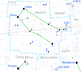 Pollux se ligging (in die rooi sirkel).