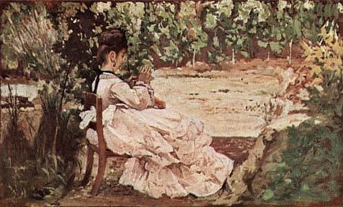 191 Young woman sewing in the garden label QS:Len,"Young woman sewing in the garden" 1870