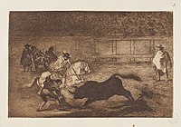 Goya La Tauromaquia (A) Un caballero en plaza quebrando un rejoncillo con ayuda de un chulo.jpg