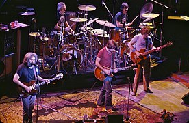 The Grateful Dead in 1980. Left to right: Jerry Garcia, Bill Kreutzmann, Bob Weir, Mickey Hart, Phil Lesh. Not pictured: Brent Mydland. Grateful Dead at the Warfield-01.jpg