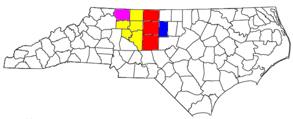 Location of the Greensboro–Winston-Salem–High Point Combined Statistical Area and its components: .mw-parser-output .legend{page-break-inside:avoid;break-inside:avoid-column}.mw-parser-output .legend-color{display:inline-block;min-width:1.25em;height:1.25em;line-height:1.25;margin:1px 0;text-align:center;border:1px solid black;background-color:transparent;color:black}.mw-parser-output .legend-text{}  Greensboro–High Point Metropolitan Statistical Area   Winston-Salem Metropolitan Statistical Area   Burlington Metropolitan Statistical Area   Mount Airy Micropolitan Statistical Area