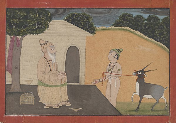 The guru–shishya tradition involved a long-term, one-to-one relationship between master and pupil. Watercolour, Punjab Hills, India, 1740