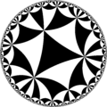 Tiling of the hyperbolic plane by triangles: π/4, π/6, π/6 Generated by Python code at User:Tamfang/programs.