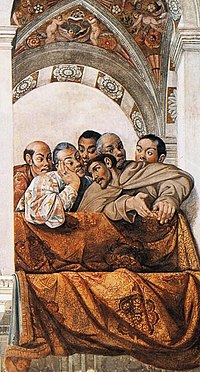 Хасэкура Цунэнага, подперев голову рукой, ведёт беседу с переводчиком Луисом Сотело. Фреска в Квиринальском дворце, Рим.