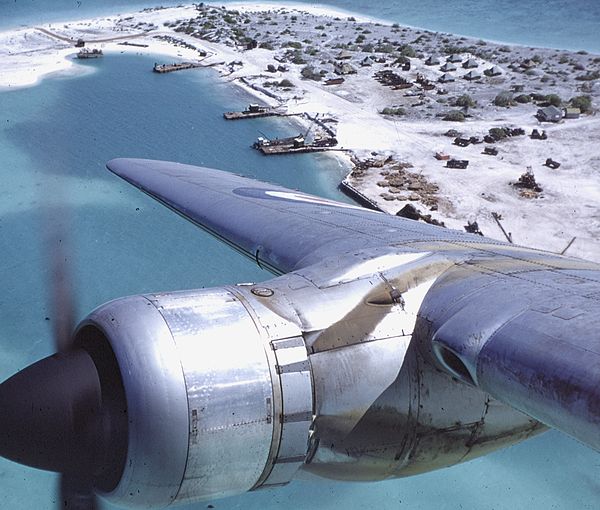 View of London, Kiribati from an RAF Hastings, 1956, during the Grapple nuclear testing program.