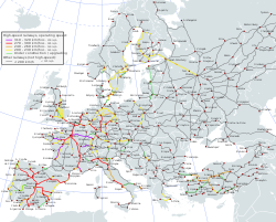 歐洲高速鐵道網      每小時三百一十至三百二十公里      每小時二百四十至二百六十公里      每小時未滿二百公里