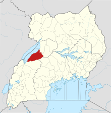 Hoima District (in red), located along Lake Albert, has been the site of the petroleum finds. Hoima District in Uganda.svg