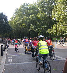 Cyclists of all ages together on the route, passing St. James's Park HovisFreewheel1.jpg