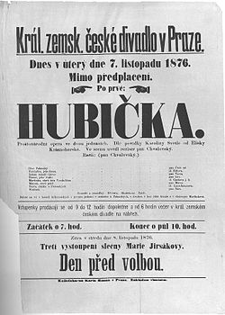 Plakát na premiéru Hubičky (1876)