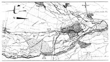 Auf dieser hydrographischen Karte aus dem Jahr 1849 (Westen ist oben; zum Vergrößern bitte mehrmals auf das Bild klicken), ist der Kanal im heutigen Abschnitt Kaufbach mit Stadtbach bezeichnet. Der mit P beschriftete Pfeil zeigt auf die Pulvermühlschleuse.