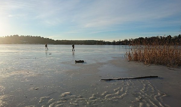 Ice skating on Lake Norrviken in winter.