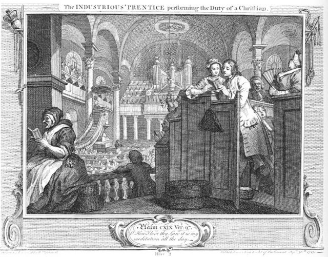 Plate 2 of William Hogarth's Industry and Idleness, showing the interior of the chapel