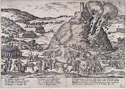 The destruction of the Godesburg in 1583; the attackers used explosives to breach the walls Inname van Godesberg - Capture and destruction of Godesburg in 1583 (Frans Hogenberg) Edit2.jpg