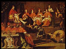 Tachard, with Siamese envoys, translating the letter of King Narai to Pope Innocent XI, December 1688 Innocent XI Dec 1688.jpg