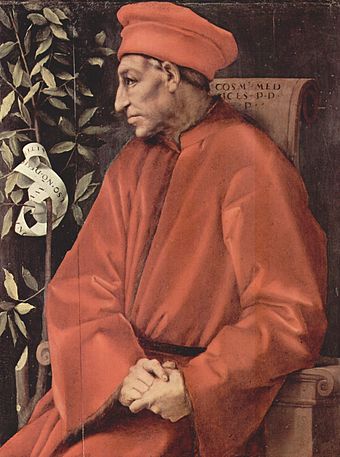 Cosimo de' Medici the Elder, head of the Medici Bank, sponsored civic building programs. Posthumous portrait by Pontormo.