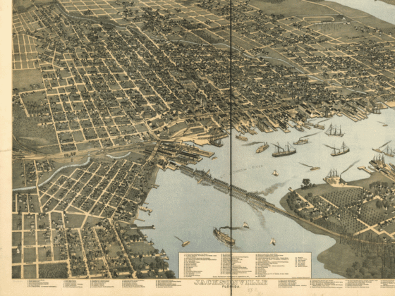 1893 bird's eye view of Jacksonville, with steamboats moving throughout the St. Johns River