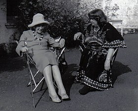 Jean Rhys (left, in hat) with Mollie Stoner, Velthams, 1970s B (cropped).jpg