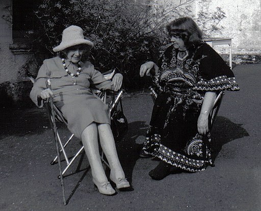 Jean Rhys (left, in hat) with Mollie Stoner, Velthams, 1970s B (cropped)