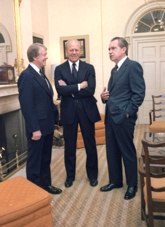 President Jimmy Carter and ex-Presidents Gerald Ford and Nixon meet at the White House before former Vice President Hubert Humphrey's funeral, 1978