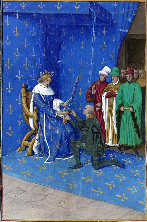 2 October 1369: Charles V of France presents the sword Joyeuse to the Constable Bertrand du Guesclin; miniature by Jean Fouquet.