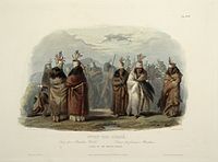 "Ptihn-Tak-Ochatä, dance of the Mandan Women": aquatint by Karl Bodmer from the book "Maximilian, Prince of Wied's Travels in the Interior of North America, during the years 1832–1834"