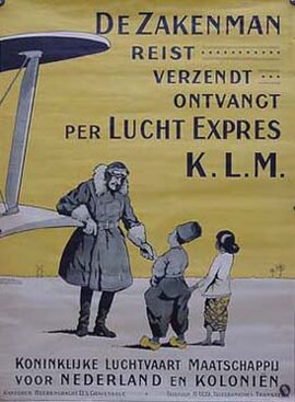 KLM poster featuring the airline's first commercial slogan. It is likely dated around the late 1920s, after it started service to Batavia.