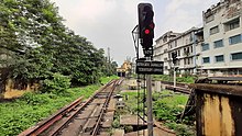 A signal post at Mahanayak Uttam Kumar metro station Kolkata Metro Line 1 signalling.jpg