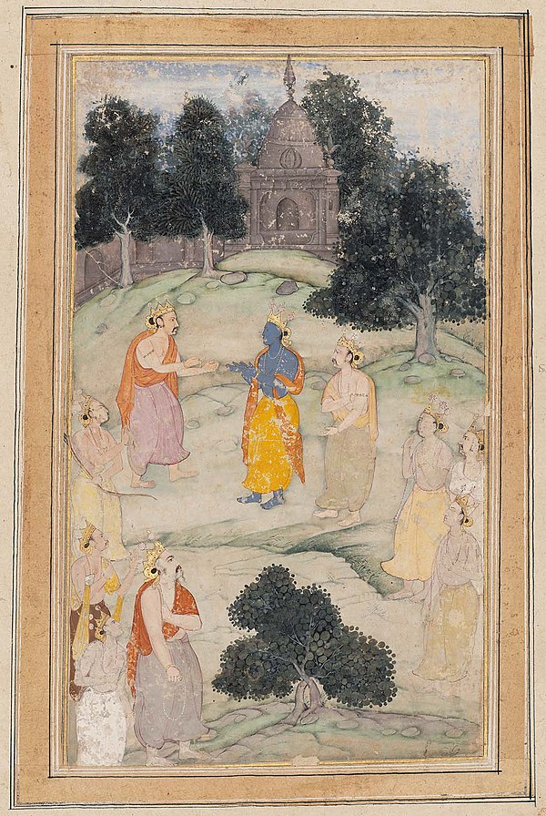 Krishna, an avatar of Vishnu, mediating for peace to avert the Kurukshetra War of Mahabharata