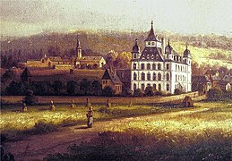 Mülheim-Kärlich: detail of painting „Kurfürstliches Schloss zu Kärlich“ in the Mittelrhein-Museum Koblenz, from about 1790