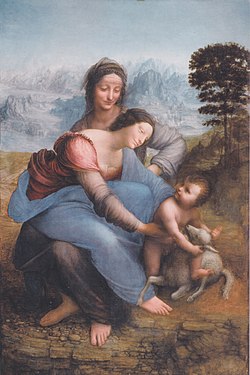 Tableau représentant une femme assise sur les genoux d'une autre qui tend les bras vers un bébé jouant avec agneau