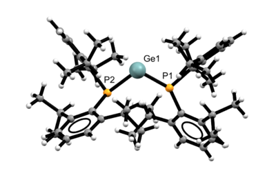 Ball and stick model with bond lengths and angles derived from the crystal structure of ((Dipp)2P)2Ge. LODVIL1.png