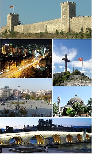 Top: Kale Fortress. 2nd row: Makedonija Street, Millenium Cross. 3rd row: Macedonia Square, St. Clement of Ohrid Church. Bottom: Stone Bridge