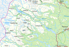 Översiktskarta över Laponia (med gröna gränslinjer). Från väster: Padjelanta, Sarek, Stora Sjöfallet och Muddus nationalparker.