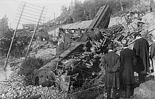 Officials survey wreckage after a train was struck by a landslide near Geta, Sweden, the worst train disaster in the country's history. Loket vid jarnvagsolyckan i Geta 1918.jpg