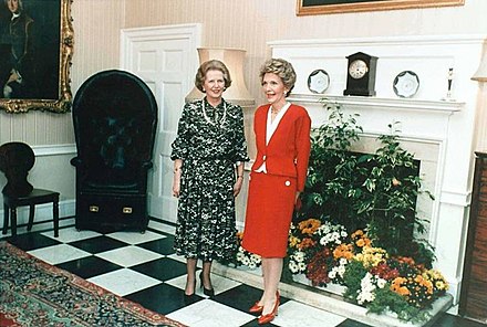 Prime Minister Margaret Thatcher with US First Lady Nancy Reagan in 1986 standing in the entrance hall.