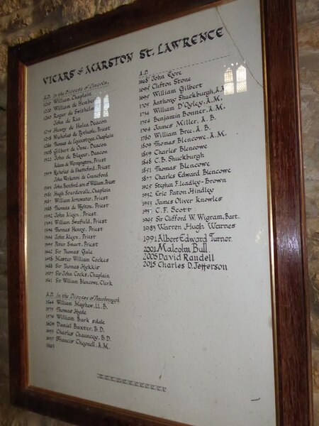 File:Marston St Lawrence Parish Church, incumbency board - geograph.org.uk - 5098423.jpg