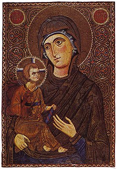Mary and the child depicted as a hodegetria. Tesselated icon in monumental style, early 13th century. Saint Catherine's Monastery in the Sinai, Egypt