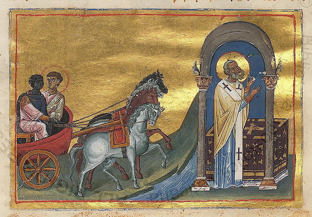 Illustration from the Menologion of Basil II of Philip and the Ethiopian eunuch.