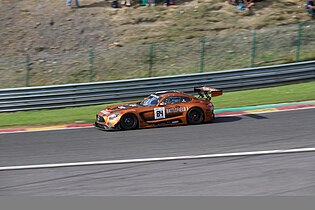 HTP Motorsport Mercedes-AMG GT3 in the Orange Battlefield 1 Livery at Circuit de Spa-Francorchamps in the Total 24 Hours of Spa