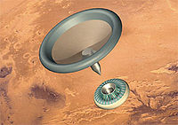 Artist's rendering of a MetNet impactor entering the Martian atmosphere. Lower module: inflatable heat shield; upper module: 1.8 m inflatable decelerator MetNet.jpg